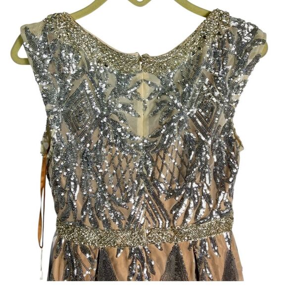 Mac Duggal 4 Nude Silver Cap Sleeve V Neck Midi Gown Art Deco Tea Length 67533 - Picture 11 of 16